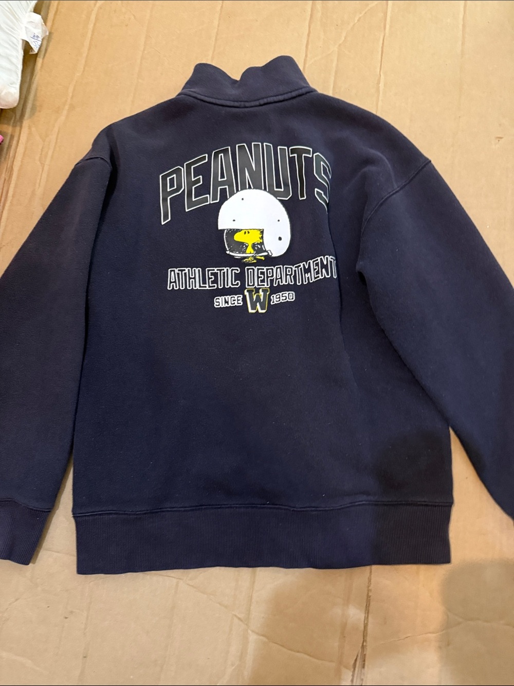 H&M Navy Peanuts Athletic Department Sweatshirt with Woodstock Graphic